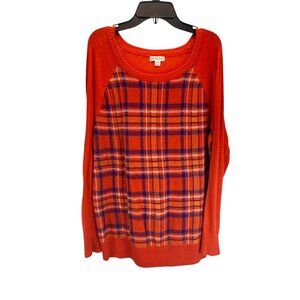 Merona Plaid Front Pullover Sweater Womens XXL Red Orange Long Sleeve Knit Top
